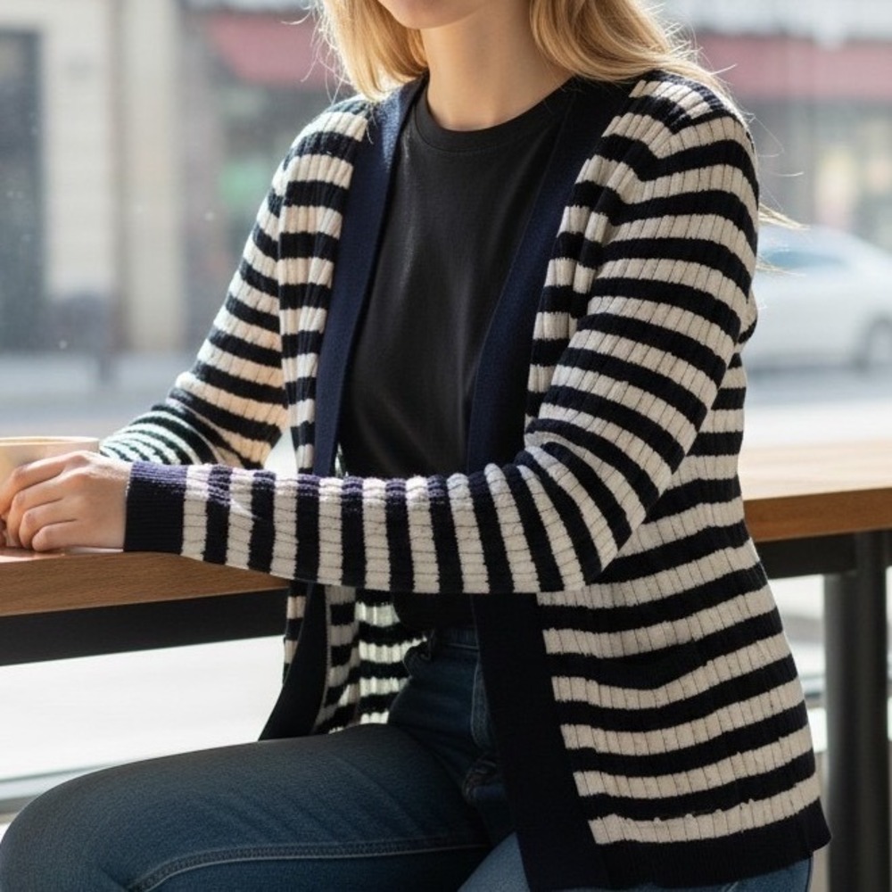 Croft & Barrow Navy White Striped Cable Knit Open Front Cardigan Sweater XL